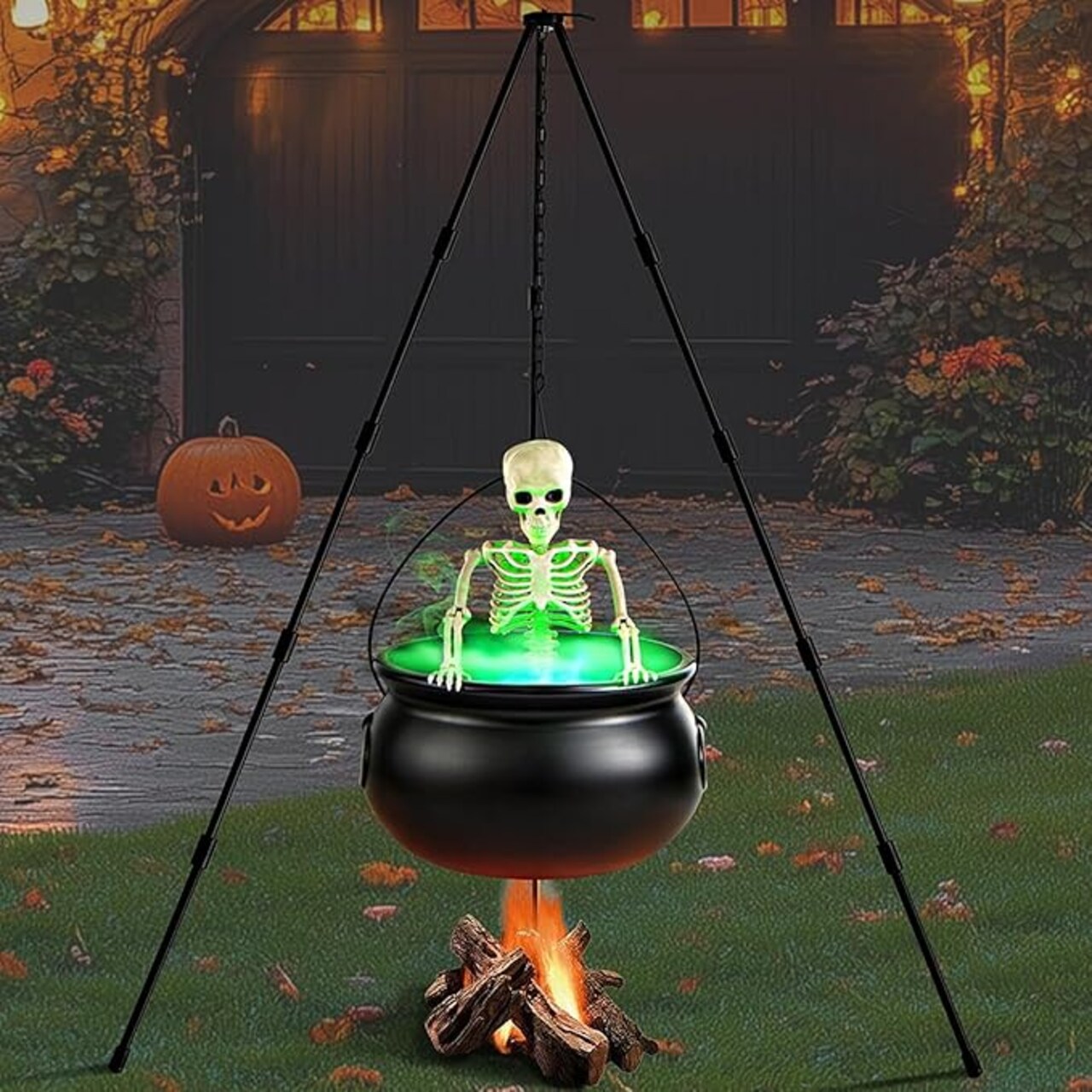 Large Witches Cauldron on Tripod with Cauldron Diffuserr and Big Skeleton - Black Plastic Cauldron Halloween Decor for Outside Yard Lawn Home Porch Door